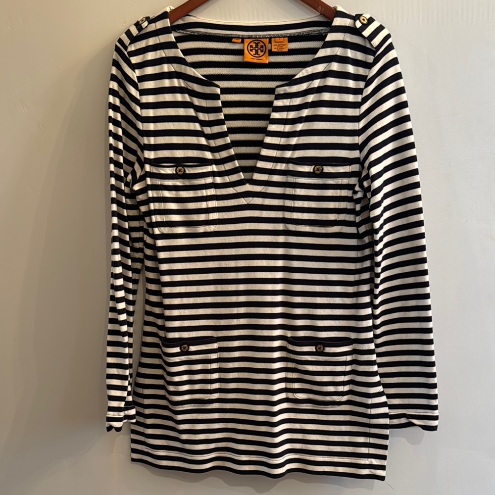Tory Burch Black and White Striped Tunic Large